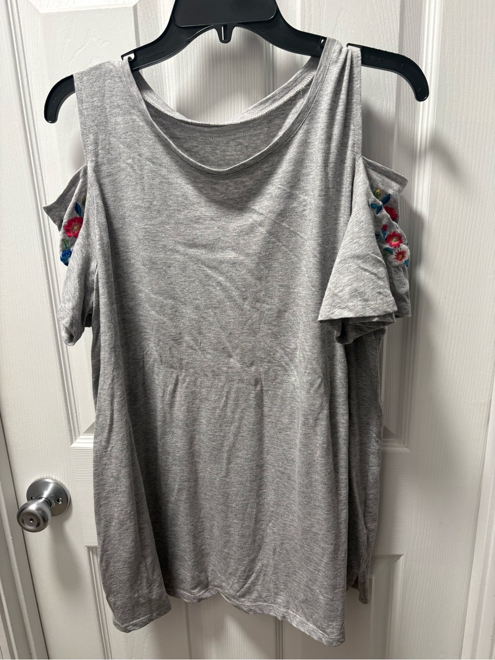 Woman Within Light Gray Cold-Shoulder Tee with Floral Accent